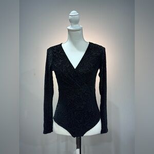 Black Adam Levine Velour Burnout Wrap Top Bodysuit Size L EUC